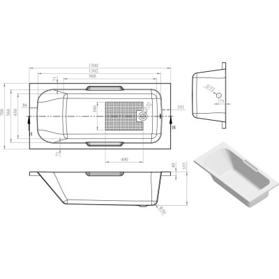 Perugia 1500mm Gripped Single Ended Bath | BathroomKing 2