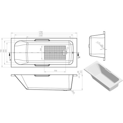 Perugia Gripped 1700x700x550mm 0TH Bath w/Legs | Baths | Bat 2