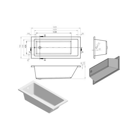 Naples Square Single End 1600x700x550mm 0TH Bath w/Legs | Ba