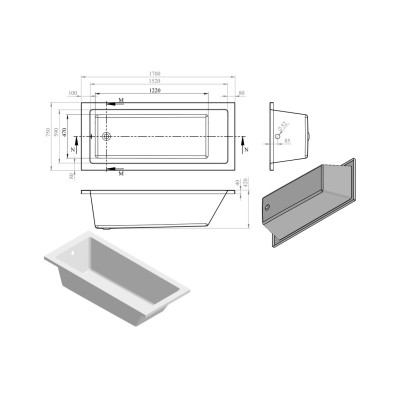 Naples 1700mm Square 1700 x 750mm Supercast Single Ended Bath 2