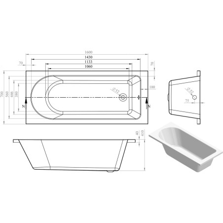 Milan Round Single End 1600x700x550mm 0TH Bath w/Legs | Bath