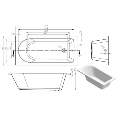 Milan 1500mm Round 1500 x 700mm Supercast Single Ended Bath 2