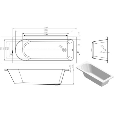 Milan 1700mm Round 1700 x 700mm Supercast Single Ended Bath 2
