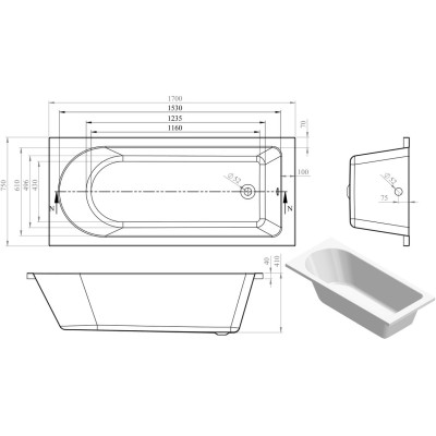 Milan Round Single End SUPERCAST 1700x750x550mm 0TH Bath w/L 2