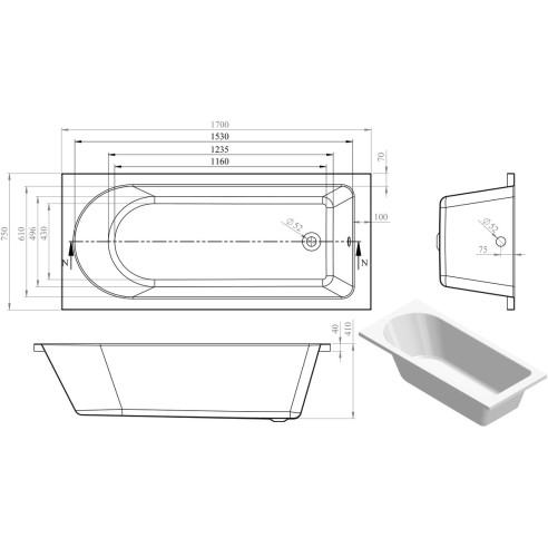 Milan Round Single End SUPERCAST 1700x750x550mm 0TH Bath w/L