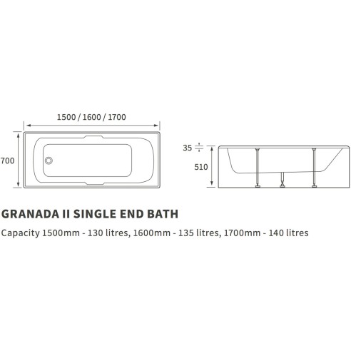 Grenadeer 1700mm Twin Grip Anti-Slip Single Ended Bath 2 Tap Hole