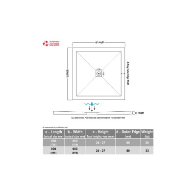 25mm Ultra-Slim 900mm x 900mm Square Tray & Waste | Shower T 2