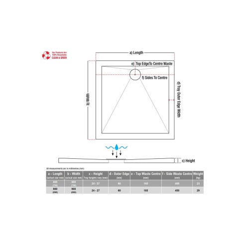 28mm Anti-Slip Ultra-Slim 800mm Square Tray & Waste | Shower