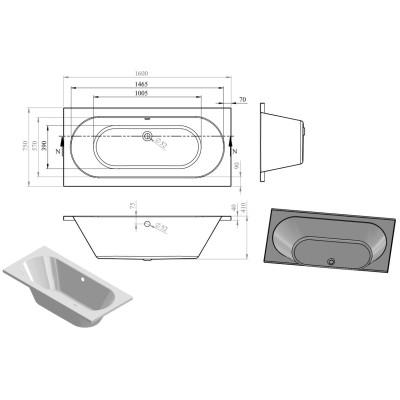 Milan Round Double End 1600x750x550mm 0TH Bath w/Legs | Bath 2