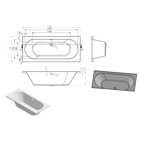 Milan Round Double End 1700x750x550mm 0TH Bath w/Legs | Bath