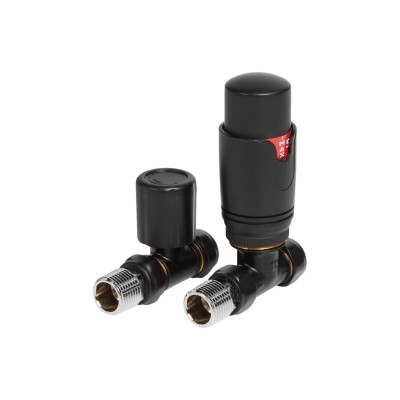 Round Thermostatic Matt Black Radiator Valves - Straight | H