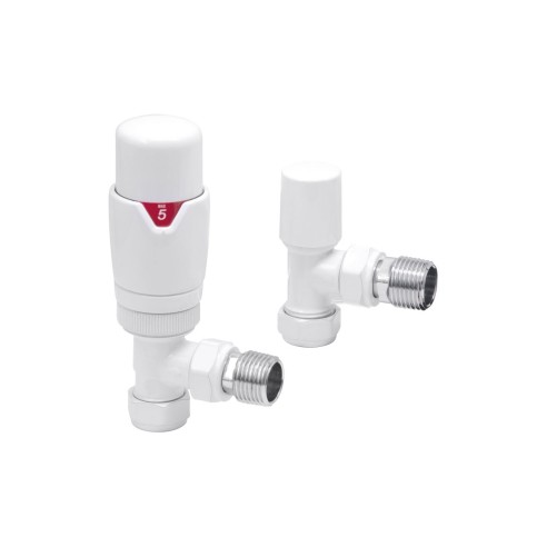 Round Thermostatic White Radiator Valves - Angled | Heating