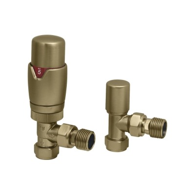 Round Thermostatic Brushed Brass Radiator Valves - Angled |