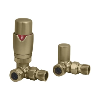 Round Thermostatic Brushed Brass Radiator Valves - Corner |