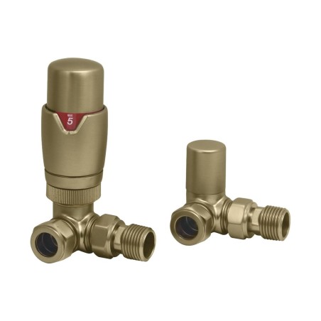 Round Thermostatic Brushed Brass Radiator Valves - Corner |