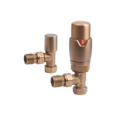 Round Thermostatic Brushed Bronze Radiator Valves - Angled |
