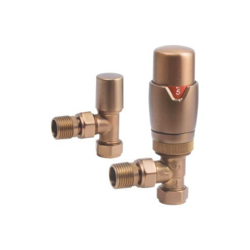 Round Thermostatic Brushed Bronze Radiator Valves - Angled |