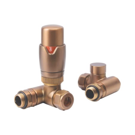 Round Thermostatic Brushed Bronze Radiator Valves - Corner |