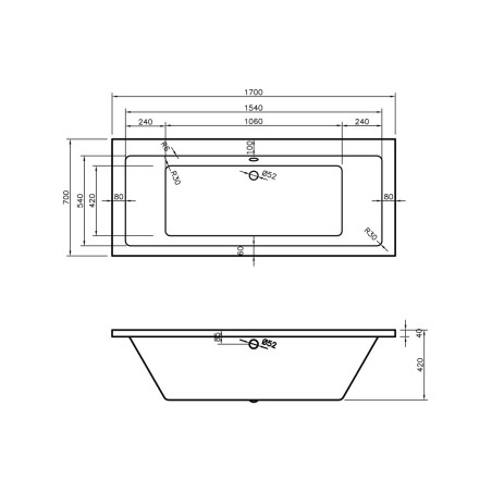 Naples Square Double End 1700x700x550mm 0TH Bath w/Legs | Ba