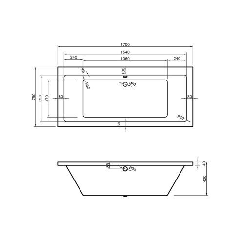 Naples Square Double End 1700x750x550mm 0TH Bath w/Legs | Ba