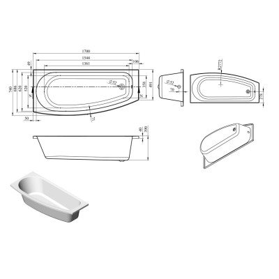 Labina 1700mm Left Handed Space Saving Single Ended Bath 2
