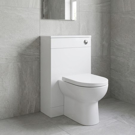Valbom 500mm Floor Standing WC Unit - White Gloss in contemporary bathroom setting