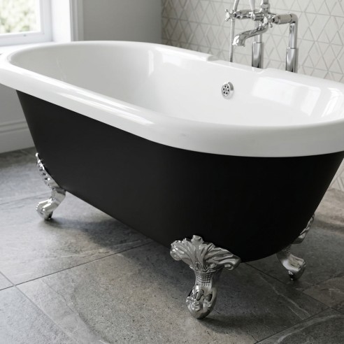 Portofino 1690x740x620mm Freestanding Bath with Feet - 2 Tap Hole - Black - Detail lifestyle image