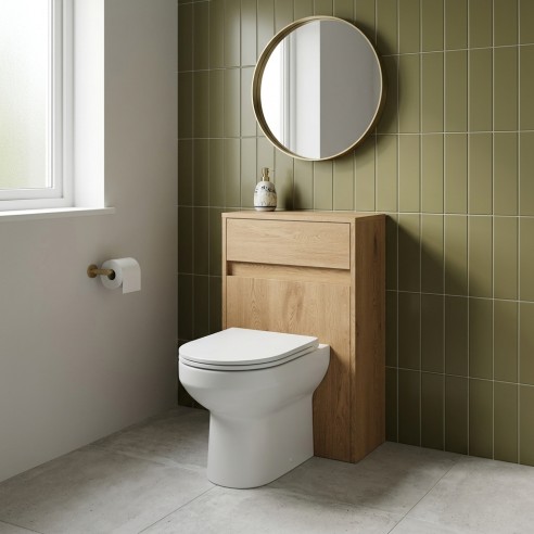 Evoro 500mm Floor Standing WC Unit - Seville Oak - Hero lifestyle image
