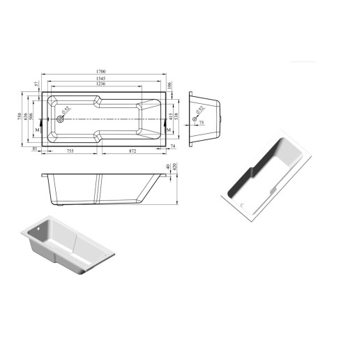 Monza Straight 1700x750x550mm 0TH "C" Shower Bath w/Legs | B