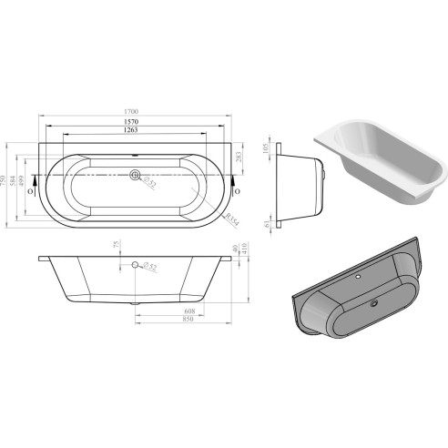Sassari Back To Wall SUPERCAST 1700x750x600mm 0TH Bath w/Leg