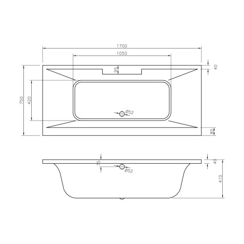 Messina Deluxe Square Double End 1700x750x550mm 0TH Bath w/L