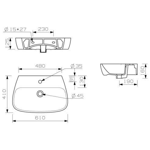 Toledo 600x400mm 1TH Basin & Semi Pedestal | Basins | Bathro