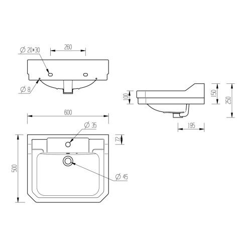 Santiago 600x500mm 1TH Basin & Full Pedestal | Basins | Bath