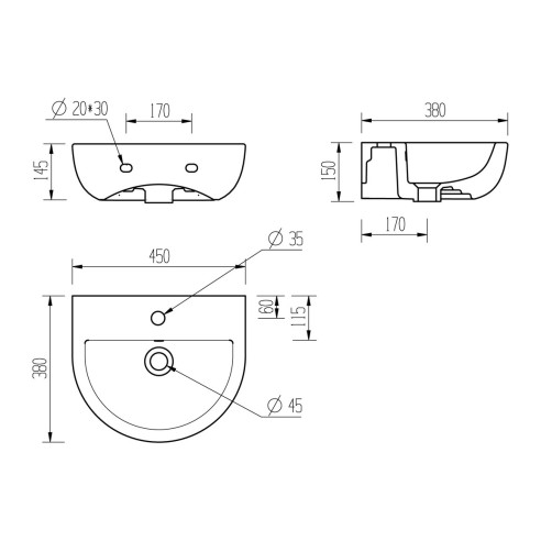 Terasso 450x400mm 1TH Basin & Full Pedestal | Basins | Bathr