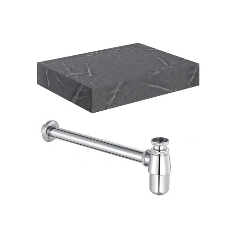 Nazare 600mm Wall Hung Grey Marble Basin Shelf & Chrome Bott
