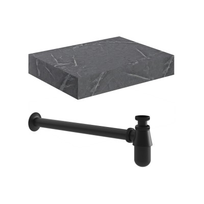 Nazare 600mm Wall Hung Grey Marble Basin Shelf & Black Bottl