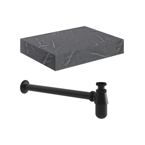 Nazare 600mm Wall Hung Grey Marble Basin Shelf & Black Bottl