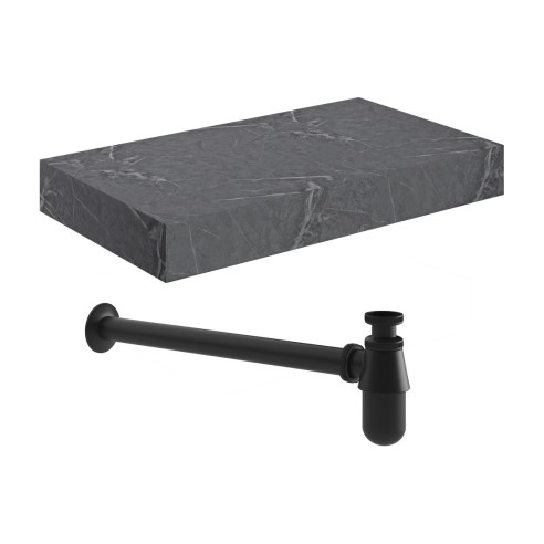 Nazare 800mm Wall Hung Grey Marble Basin Shelf & Black Bottl