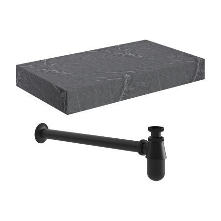 Nazare 800mm Wall Hung Grey Marble Basin Shelf & Black Bottl