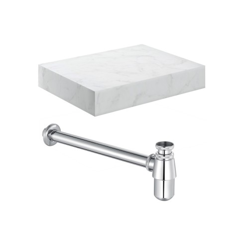 Nazare 600mm Wall Hung White Marble Basin Shelf & Chrome Bot