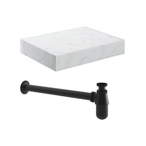 Nazare 600mm Wall Hung White Marble Basin Shelf & Black Bott