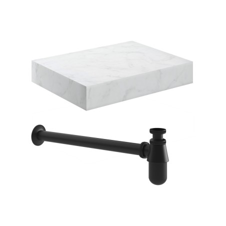 Nazare 600mm Wall Hung White Marble Basin Shelf & Black Bott