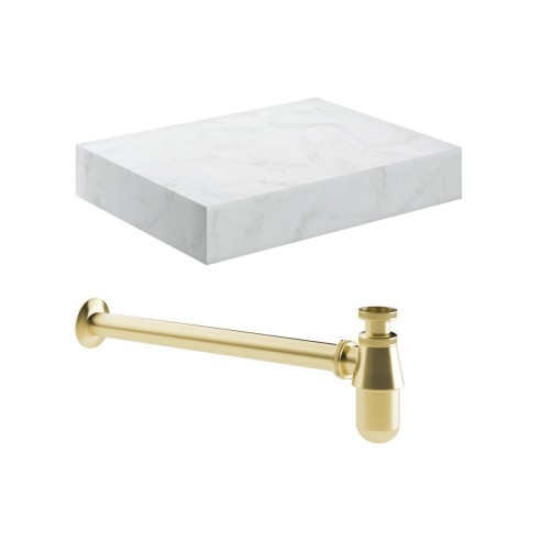 Nazare 600mm Wall Hung White Marble Basin Shelf & Brushed Br