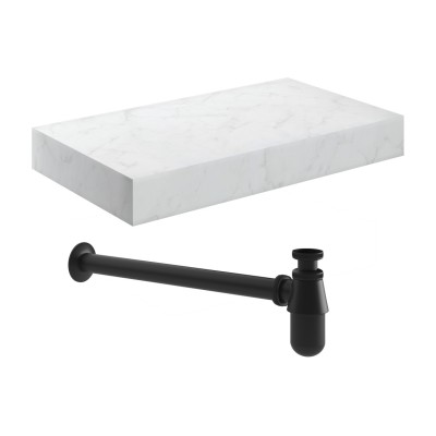 Nazare 800mm Wall Hung White Marble Basin Shelf & Black Bott
