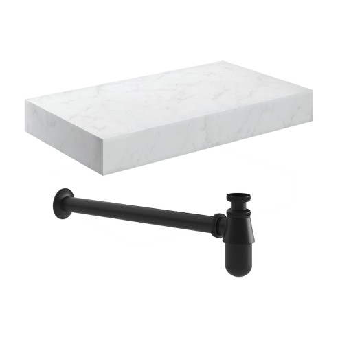 Nazare 800mm Wall Hung White Marble Basin Shelf & Black Bott