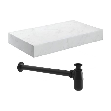 Nazare 800mm Wall Hung White Marble Basin Shelf & Black Bott