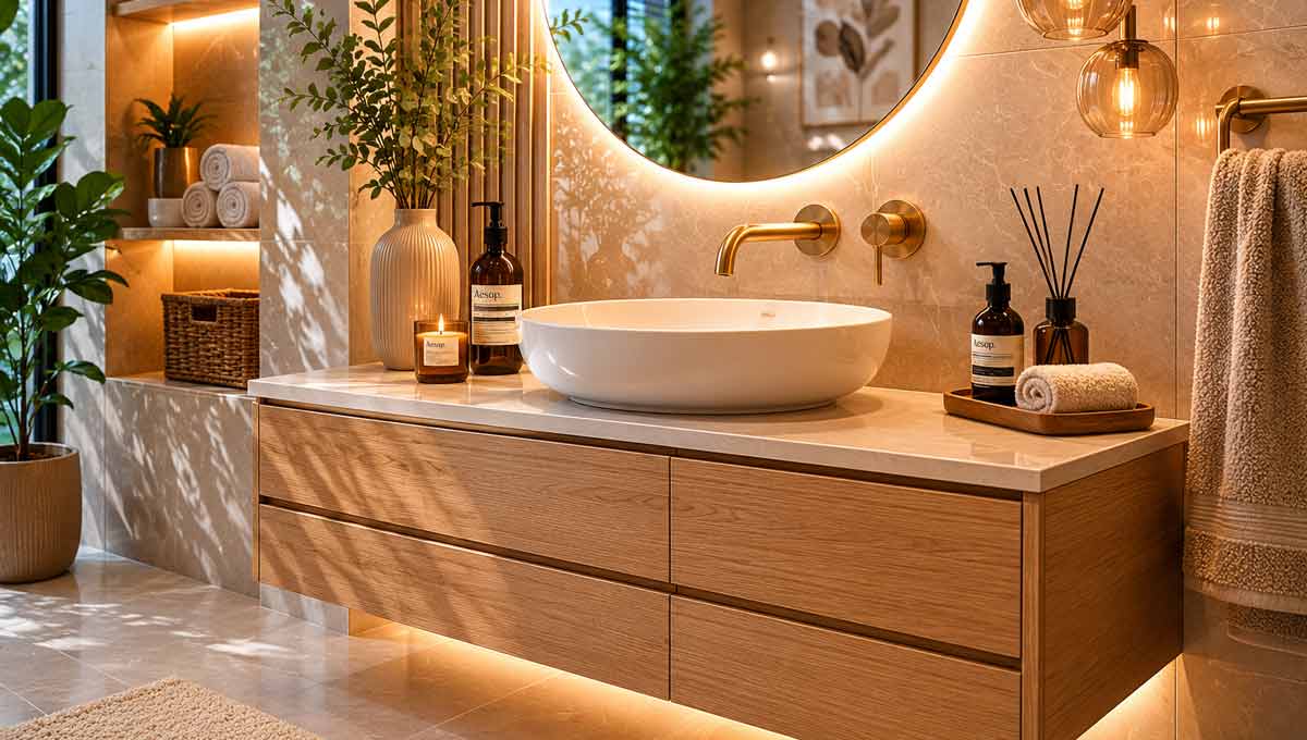 Floating oak vanity unit with brushed brass fittings in a modern bathroom